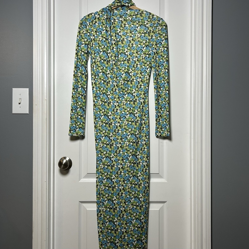 Zara Green Blue Ditsy Floral Long Sleeve Open Back Attached Scarf Maxi Dress‎